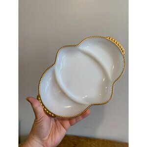 Vintage Fire King USA Oven Ware White Milk Glass Gold Trim Divided Serving Dish